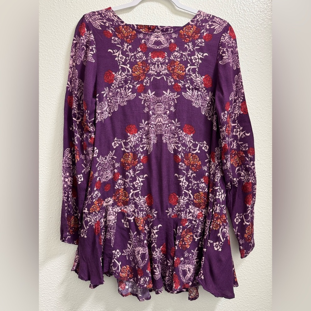 Free People Smooth Talker Floral Dress Open Back Mini Tunic Ruffle Purple Small